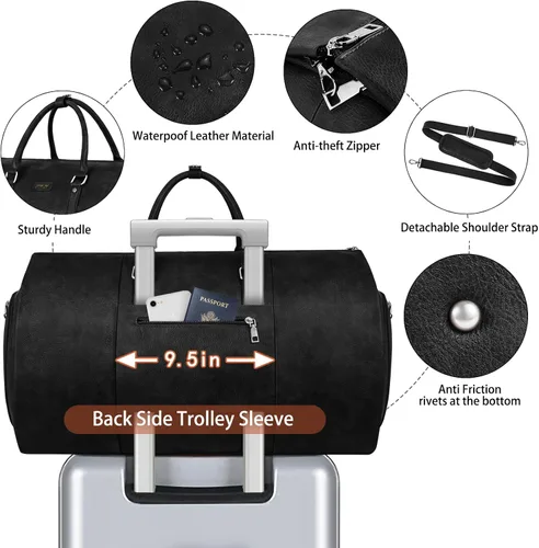 Vista 5 de Garment Bag for Travel, Convertible Carry on Garment Duffel Bag for Men Faux Leather Waterproof Large Weekender Bag for Women Men 2 in 1 Hanging