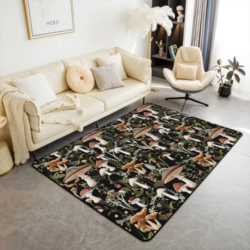 Vista 2 de Alfombra de hongos de 4 x 5, alfombra rústica de plantas de hongos salvajes coloridos, alfombra de suelo de madera de acera estilo granja, alfombra