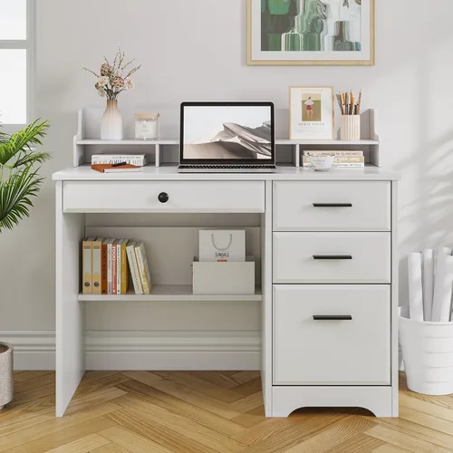 Vista 10 de 4 EVER WINNER - Escritorio para computadora con cajones para espacios pequeños, escritorio de madera con gabinete de archivos y soporte