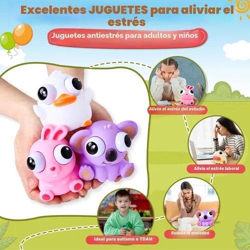 Vista 4 de Paquete de 8 juguetes blandos de animales, lindos juguetes esponjosos para niños y adultos, juguete con ojos que saltan, juguete para aliviar