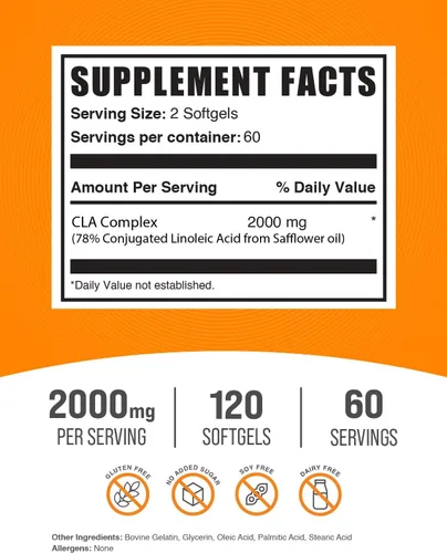 Vista 2 de BulkSupplements CLA Softgels - Cápsulas blandas de ácido linoleico conjugado, suplementos CLA - Sin gluten, 2 cápsulas blandas por porción