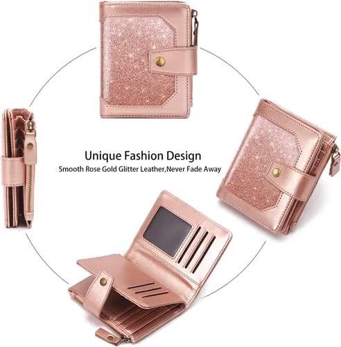 Vista 3 de Simikol Cartera pequeña para mujer, billetera plegable con bloqueo RFID, tarjetero con bolsillo con cremallera, Escarcha Oro rosa, Vintage