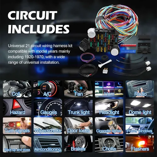 Vista 2 de Kit de arnés de cableado universal – 21 mazos de cableado de circuitos de color estándar kit de reemplazo para Chevy Mopar Hotrods Ratrods Ford