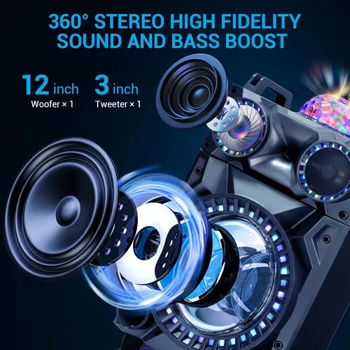 Vista 2 de Altavoz Bluetooth inalámbrico portátil de alta fidelidad con subwoofer de 12 pulgadas, sistema de megafonía con graves/agudos/REC/FM, máquina