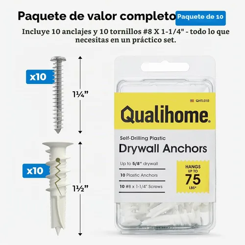 Vista 7 de Anclajes plásticos autoperforantes para paneles de yeso con tornillos #8, no requiere preparación de agujeros, soporta hasta 75 libras (10 unidades)