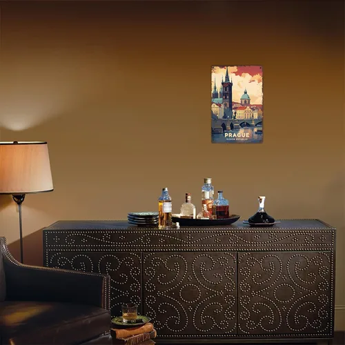 Vista 5 de Letrero de metal con diseño de paisaje de ciudad vintage de Praga, carteles de estaño retro para hombre, cueva, bar, garaje, habitación, calles