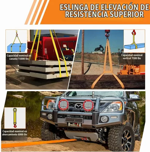 Vista 5 de 2 piezas de 2" x 10 pies de correa de eslinga de elevación de nylon resistente, capacidad de 15000 lb, correa de amarre plana súper resistente