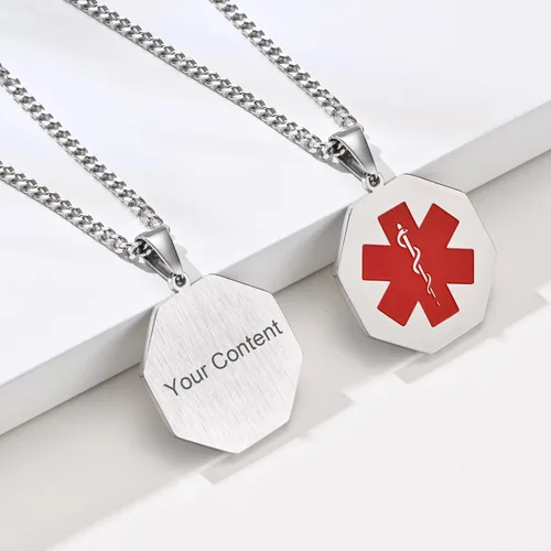 Vista 48 de VNOX Collar con colgante personalizado de acero inoxidable con grabado personalizado para identificación de alerta médica de emergencia para hombres