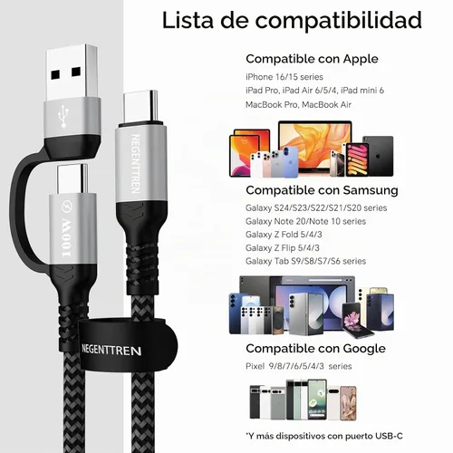 Vista 6 de Cable USB C a C 2 en 1 de 100 W (6 pies, paquete de 2), cable de carga rápida 5A tipo A a C, cable de carga USB C trenzado de nailon para iPhone 16