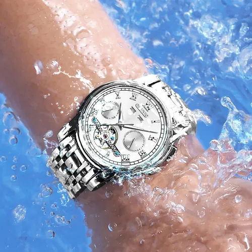 Vista 8 de OLEVS Reloj automático para hombre, cuerda automática, mecánica, de lujo, de acero inoxidable, multicalendario, impermeable, luminoso, reloj