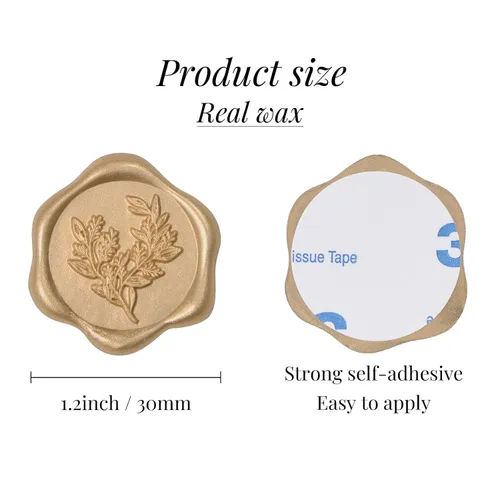 Vista 2 de UNIQOOO Pegatinas de sello de cera - Sobres de invitación de boda con sello de eucalipto, 100 piezas de pegatinas autoadhesivas metálicas de Oro