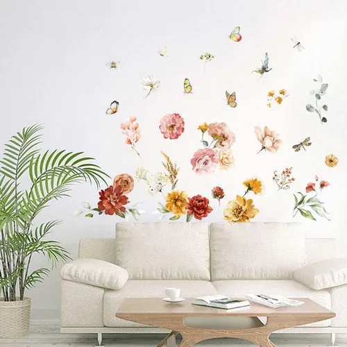 Vista 3 de Runtoo Calcomanías de arte de pared de flores de peonía, acuarela, mariposa, floral, calcomanías de pared para dormitorio, sala de estar, bebé