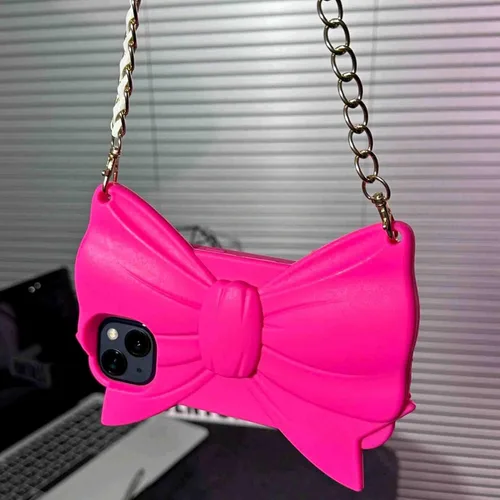 Vista 4 de Funda de silicona suave a prueba de golpes compatible con iPhone 13 Pro Max, bonita funda de silicona suave a prueba de golpes con lazo rosa intenso