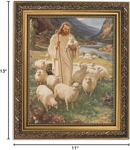 Vista 2 de Gerffert Decoración cristiana de pared con marco dorado, 11 x 13 pulgadas, Sallman - Lord is My Shepherd