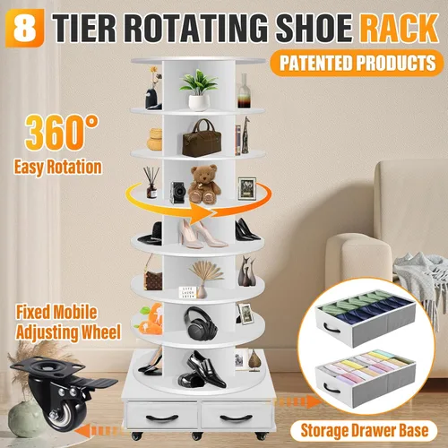 Vista 4 de Torre de estante giratorio para zapatos de 8 niveles contiene 2 cajones, Estante giratorio para zapatos Display Lazy Susan, Estantes giratorios
