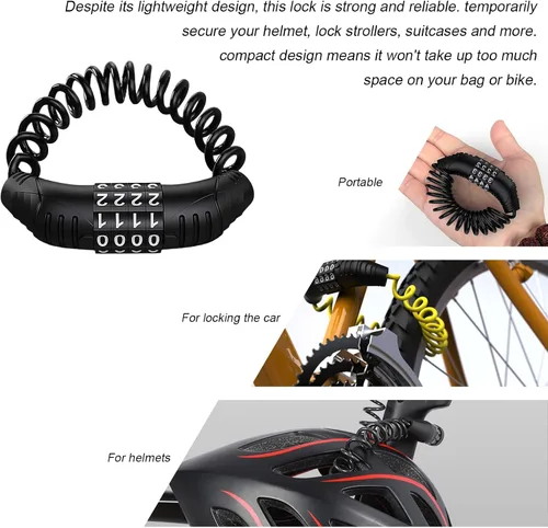 Vista 4 de KVAEY 2 candados de cable para casco de motocicleta, antirrobo con código de combinación digital de 4 unidades, bloqueo de cable retráctil