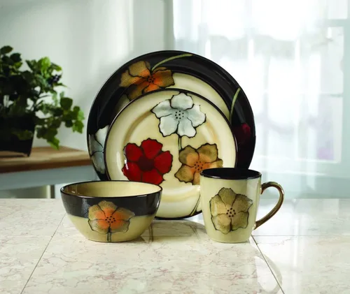 Vista 3 de Pfaltzgraff Painted Poppies - Juego de vajilla de 16 piezas, servicio para 4, platos coloridos de gres floral, cuencos y tazas, apto para microondas