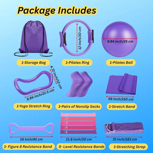 Vista 2 de Kit esencial de pilates para mujer, juego completo de entrenamiento en casa para tonificar, fuerza y flexibilidad, bandas de resistencia, anillo