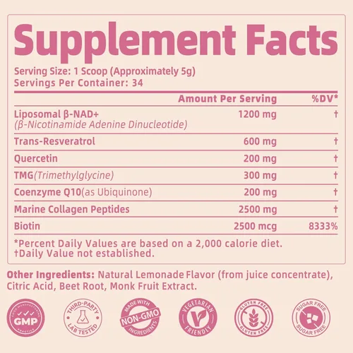 Vista 9 de Suplementos NAD para mujeres 5000 mg, polvo liposomal NAD+ con resveratrol, péptidos de colágeno, biotina, CoQ10 y TMG para un envejecimiento