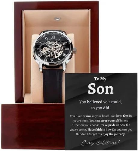 Vista 2 de Artist Unknown Reloj calado para hombre con tarjeta de mensaje especial My Son, regalo de graduación hijo, regalo de hijo de padres, regalo de mamá