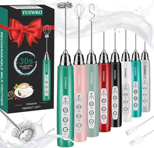 Vista 9 de YUSWKO Baby Blue - Varita espumadora de leche de mano para café, batidor eléctrico recargable con 3 cabezales, 3 velocidades, mezclador de bebidas
