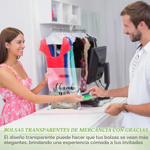 Vista 6 de Crtiin 100 piezas de bolsas de mercancía transparentes con texto "Thank You" y asas troqueladas para compras, bolsas de plástico para embalaje