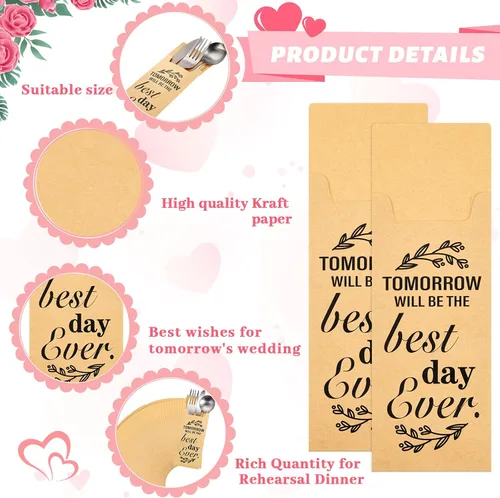 Vista 3 de Gueevin 100 piezas Tomorrow Will Be The Best Day Ever - Bolsas de papel para cubiertos de papel de boda, fundas para cubiertos, bolsa de utensilios