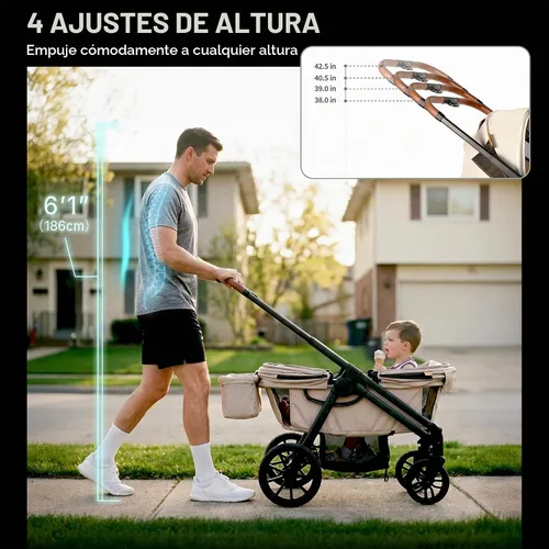 Vista 5 de Cochecito vagón para 2 niños, todo terreno con toldo extraíble de protección UV, mango ajustable para empujar/tirar, bandeja para aperitivos y Negro