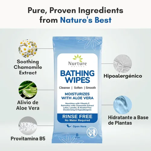 Vista 6 de Nurture XL Toallitas de baño sin enjuague para adultos con aloe Limpieza sin agua para pieles sensibles Toallitas húmedas desechables