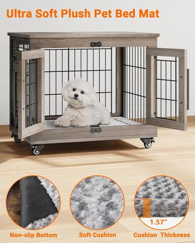 Vista 5 de YaFiti Mueble de jaula para perros con cojín, perrera de madera para interiores con puertas dobles, jaula para perros con ruedas, mesa auxiliar