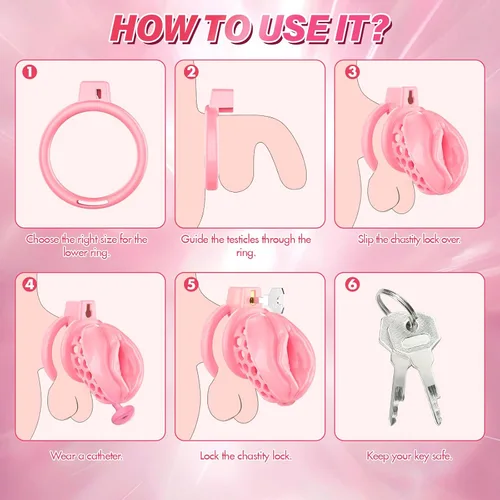 Vista 6 de Jaula de castidad masculina – Jaula de pene suave y ligera con vagina y clítoris realistas y anillos de 6 tamaños, cómodo dispositivo de castidad