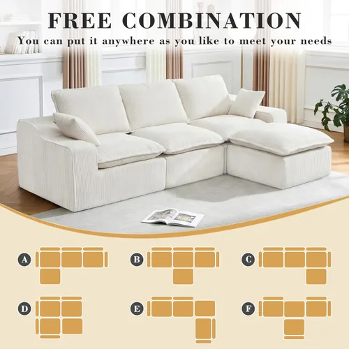 Vista 7 de Sofá seccional de pana sin hueso de 107 pulgadas para sala de estar, sofá modular con diván en forma de L, moderno sofá modular con asiento profundo