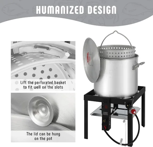 Vista 4 de Feasto Olla para hervir mariscos de 60 cuartos de galón con cesta y quemador, kit de olla y quemador de mariscos de aluminio con salida de 100,000