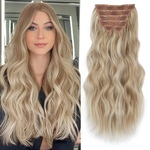 Vista 7 de Extensiones de cabello con clip de Vigorous de 20 pulgadas, con reflejos rubio playa, extensiones de cabello ondulado largo y suave de cabello