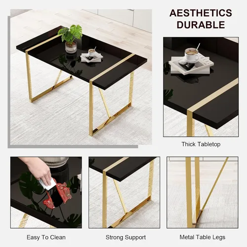 Vista 4 de Mesa de comedor Ebullient para 4, mesa de comedor rectangular negra de MDF, tapa de mesa de cena de mármol falso, mesa de comedor moderna con marco