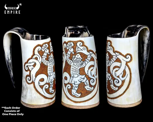 Vista 2 de Taza de cuerno vikingo prémium para cerveza Ale, edición especial, Ragnarok, con detalles, medievales, nórdicos, para vikingos, brillo natural
