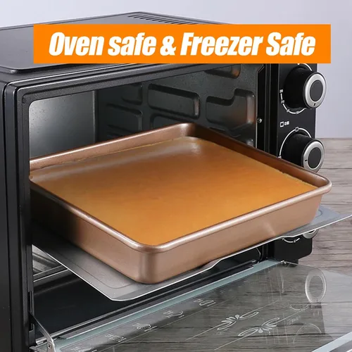 Vista 6 de UOIENRT Paquete de 2 bandejas para hornear de 9 x 7 pulgadas, bandeja antiadherente para hornear, bandeja rectangular para galletas, brownie, molde