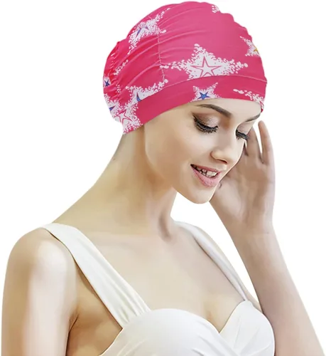 Vista 7 de Gorro de natación grande para mujer, de pelo largo, gorro de natación, de nailon elástico de gran tamaño, con pliegues elegantes