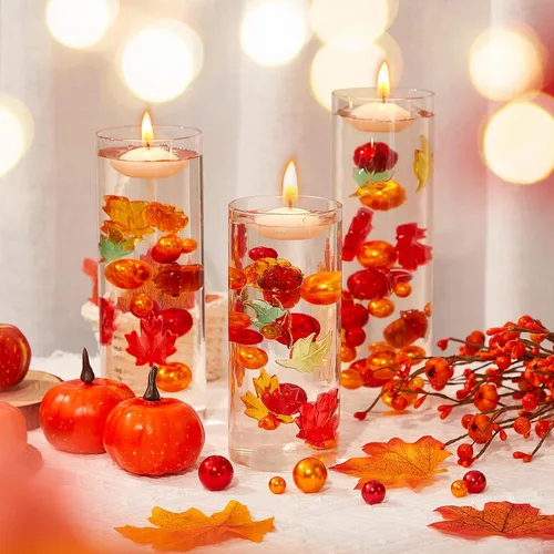 Vista 7 de MTLEE 124 piezas de relleno de jarrón de Acción de Gracias, perlas sintéticas para relleno de jarrón con 8 velas blancas sin perfume para otoño
