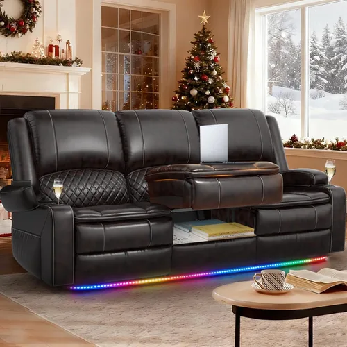 Vista 37 de Sofá reclinable de 3 plazas, sofá reclinable con consola elevable (tela, azul) Reclining Sofa with USB Removable Armrest, RV Sofa with Cup Holder