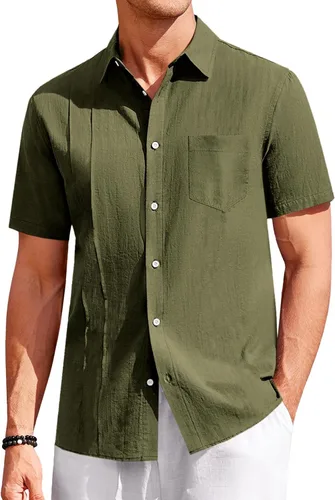 Vista 7 de Ryannology Camisas guayabera de lino de manga corta con botones para hombre, estilo casual, playa, campamento cubano, camisa mexicana para hombre