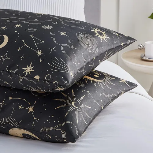 Vista 6 de EXQ Home - Funda de almohada de satén para cuidar el cabello y la piel, tamaño estándar, de seda con estampado negro, juego de 2 fundas con cierre