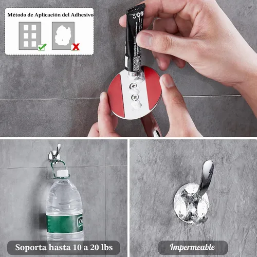 Vista 2 de Ganchos adhesivos de acero inoxidable autoadhesivos para bata de baño, cocina, gancho de pared, sin tornillos, sin daños