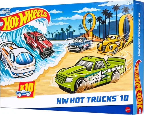 Vista 7 de Hot Wheels Paquete de 10, juego de 10 camiones de juguete a escala 1:64, mezcla de camionetas con licencia oficial y sin licencia, rescate o semi