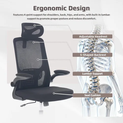 Vista 3 de Silla de oficina ergonómica con reposacabezas, silla de escritorio de malla con respaldo alto, soporte lumbar ajustable, silla giratoria