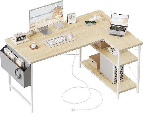 Vista 26 de Mericonia Escritorio pequeño en forma de L para computadora con tomas de corriente, escritorio de juegos para espacios pequeños, escritorio