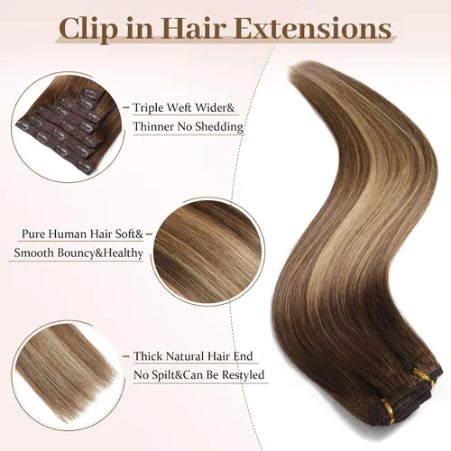 Vista 4 de Sisily - Extensiones de cabello con clip de cabello humano real, 30 cm 70 g, balayage de marrón chocolate a rubio, 100% cabello humano Remy