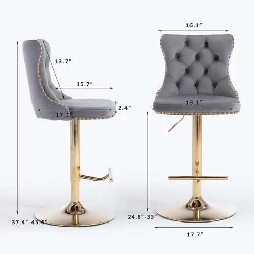 Vista 207 de SoarFlash Juego de 2 taburetes de bar tapizados de terciopelo moderno con patas de madera, botones acolchados, cabeza de clavo cromada, asiento