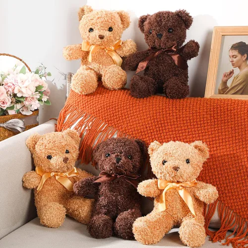 Vista 4 de HyDren 5 piezas de osos de peluche animales suaves juguetes de felpa de San Valentín, 12 pulgadas, lindo oso pequeño y lanudo con capucha y corbatín