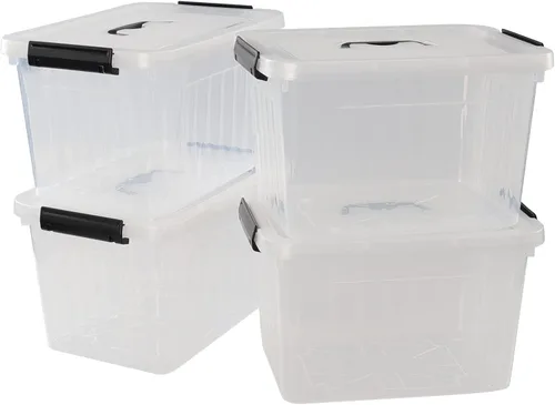 Vista 7 de Caja de plástico transparente de 10 L, contenedor de almacenamiento de plástico con tapas, paquete de 4 Clear Plastic Material, Snap Side Latches